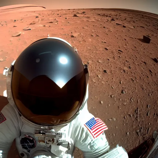 Image similar to wide angle pinhole photo of an astronaut infinite helmet on Mars award winning national geographic,mars surface can be seen in the helmet reflection