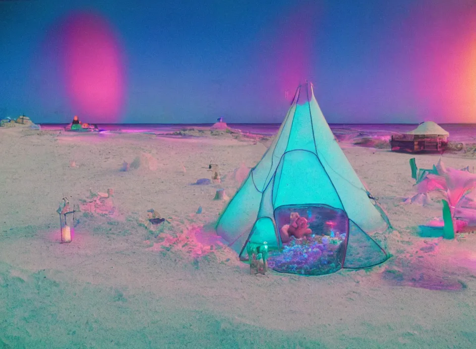 Image similar to a vintage family holiday photo of an empty beach from an alien dreamstate world with chalky pink iridescent!! sand, reflective lavender ocean water, dim bioluminescent plant life and an igloo shaped plastic transparent bell tent surrounded by holiday clutter opposite a pit with an iridescent blue flame flickering. refraction, volumetric, light.