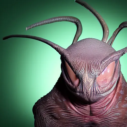 Image similar to an alien pet creature with weird features, looking inquisitively at the camera, studio lighting