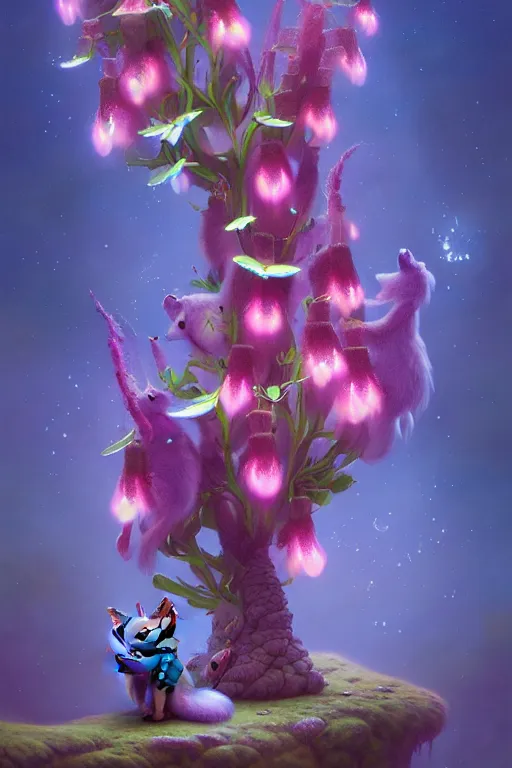 Image similar to a surreal Bioluminescent, very very very cute Foxglove in a happy world by Daniel Merriam, Trending on Artstation, oil on Canvas by Elena Zhurikhina and Goro Fujita and Charlie Bowater, octane render, 4k, 8k, HD