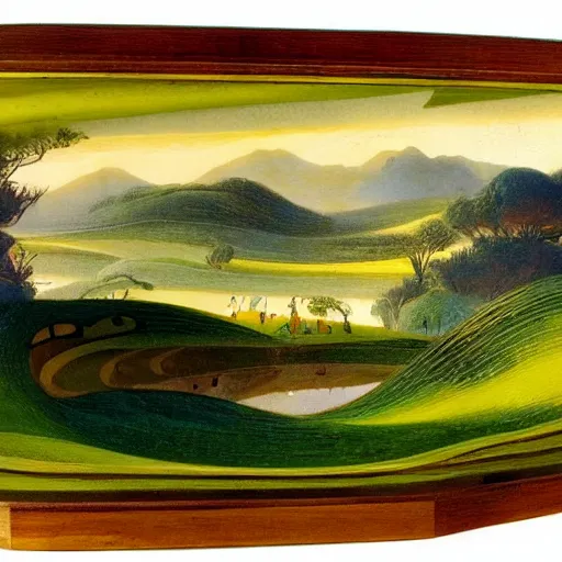 Prompt: A beautiful kinetic sculpture of a landscape. It is a stylized and colorful view of an idyllic, dreamlike world with rolling hills, peaceful looking animals, and a flowing river. The scene looks like it could be from another planet, or perhaps a fairy tale. by Caspar David Friedrich, by Charles Willson Peale lines