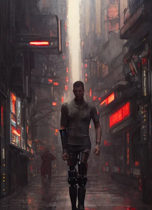 Image similar to blade runner with four robotic legs ( blade runner 2 0 4 9, dystopian, cyberpunk 2 0 7 7 character design ). orientalist portrait by john william waterhouse and james gurney and theodore ralli and nasreddine dinet, oil on canvas. cinematic, hyper realism, realistic proportions, dramatic lighting, high detail 4 k