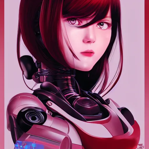 Image similar to A beautiful cyborg woman with big and cute eyes || VERY ANIME, fine-face, red and black robotic parts, realistic shaded perfect face, fine details. Anime. realistic shaded lighting poster by Ilya Kuvshinov katsuhiro otomo ghost-in-the-shell, magali villeneuve, artgerm, Jeremy Lipkin and Michael Garmash, Rob Rey and Kentarõ Miura style, trending on art station