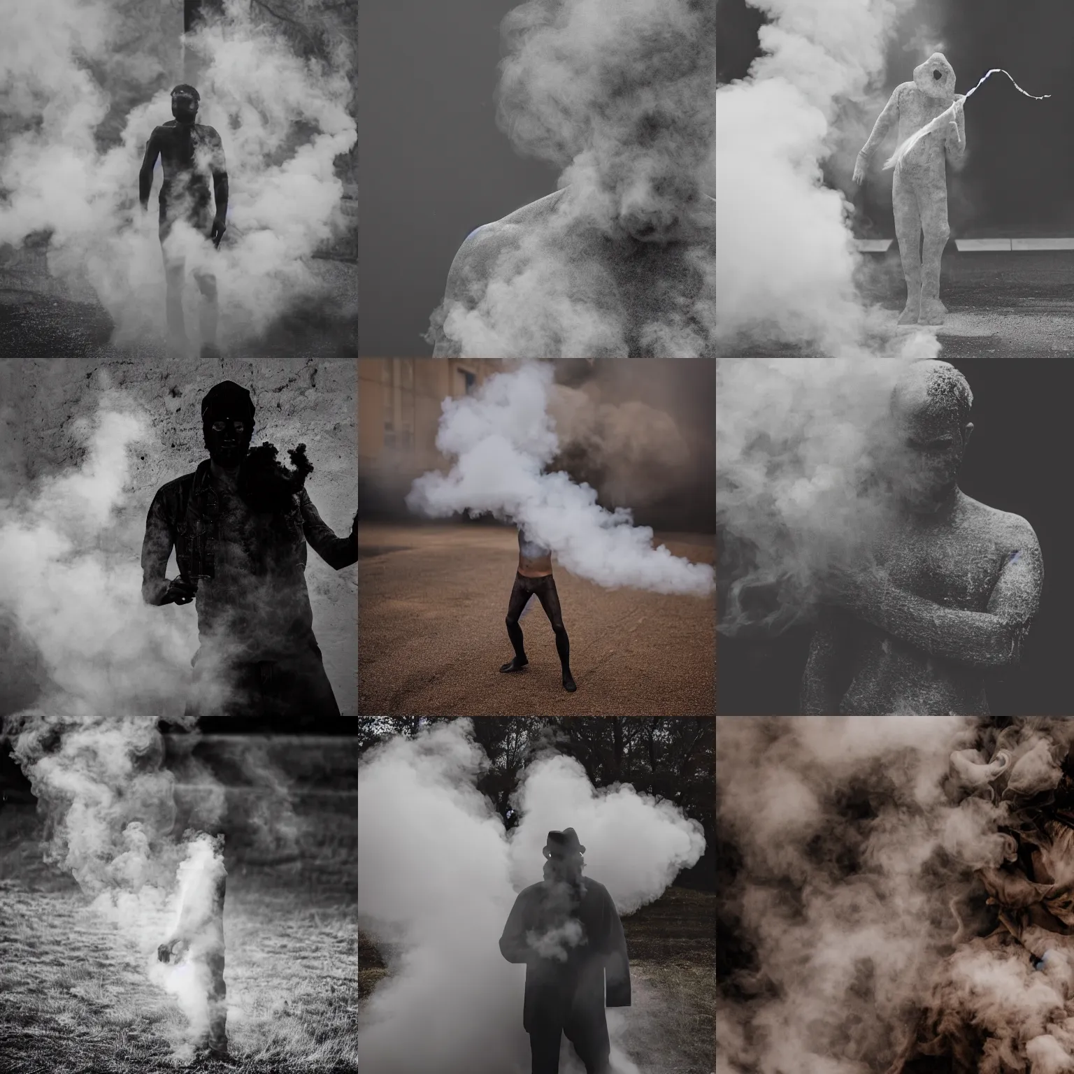 Prompt: Man figure made of smoke, Canon EOS R3, f/1.4, ISO 200, 1/160s, 8K, RAW, unedited