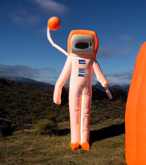 Prompt: a tall giant slender inflatable astronaut figure with an orange and teal suit, stood in a pink misty rocky landscape