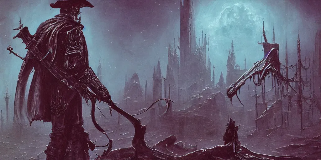 Prompt: a hunter from bloodborne on a space yharnam, retrofuturism, faded color, for 1 9 7 0 s'sci - fi, by malcolm smith