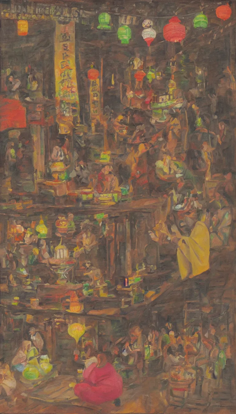 Image similar to pagoda, people drinking tea and paper lanterns, oil on canvas