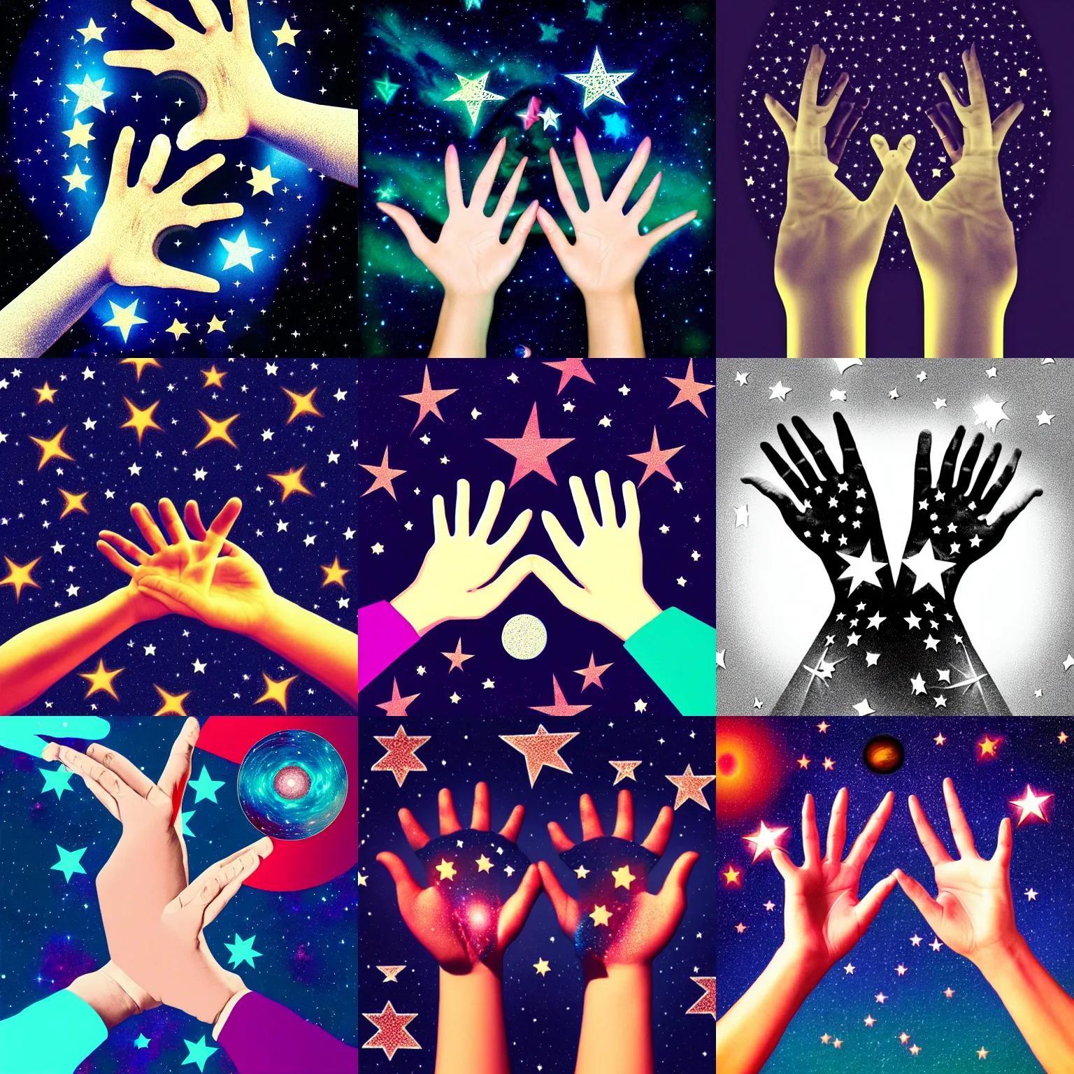 Prompt: a picture of two hands with stars on them, an album cover by Apelles, behance, holography, holographic, cosmic horror, skeuomorphic