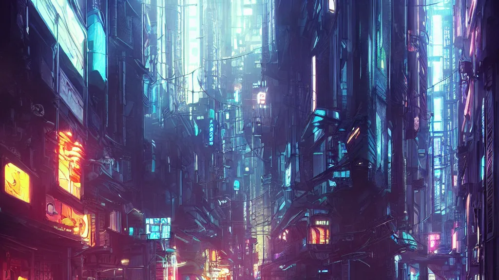 Prompt: cyberpunk city streets at night, digital illustration by greg rutkowski, android netrunner, fire, colored lighting