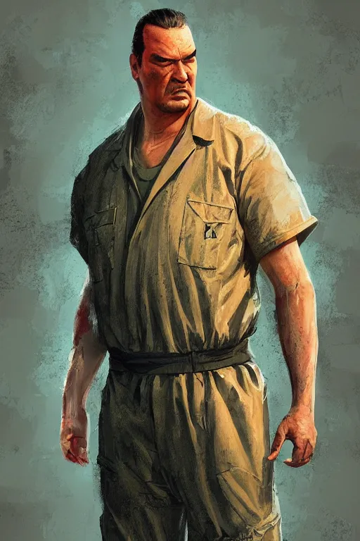 Image similar to portrait of sad steven seagal wearing prison jumpsuit, prison jumpsuit, digital painting, artstation, concept art, smooth, sharp focus, illustration, whimsical background by marc simonetti, artwork by liam wong, patriotic!