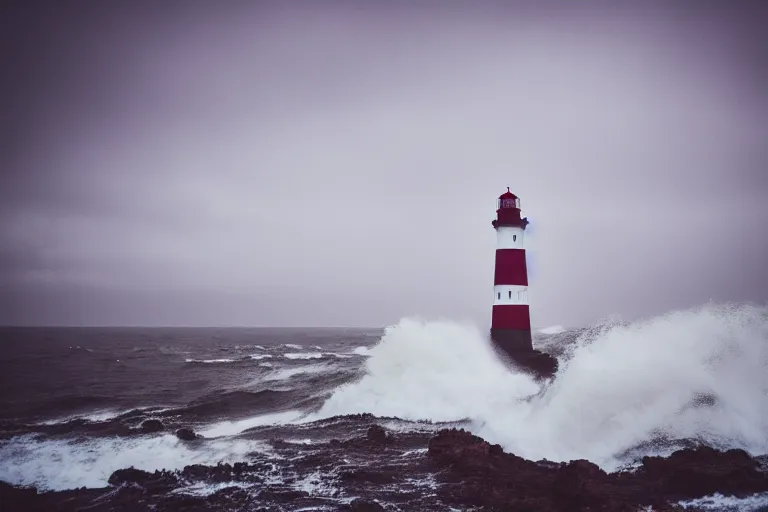 Prompt: film still of a lighthouse at bad weather with heavy waves, photography, natural light, cinematic, 8 k