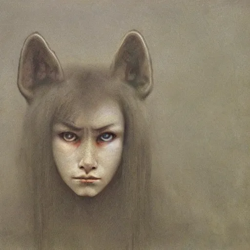 Prompt: portrait painting of 16 years old werewolf ((girl)), by Beksinski