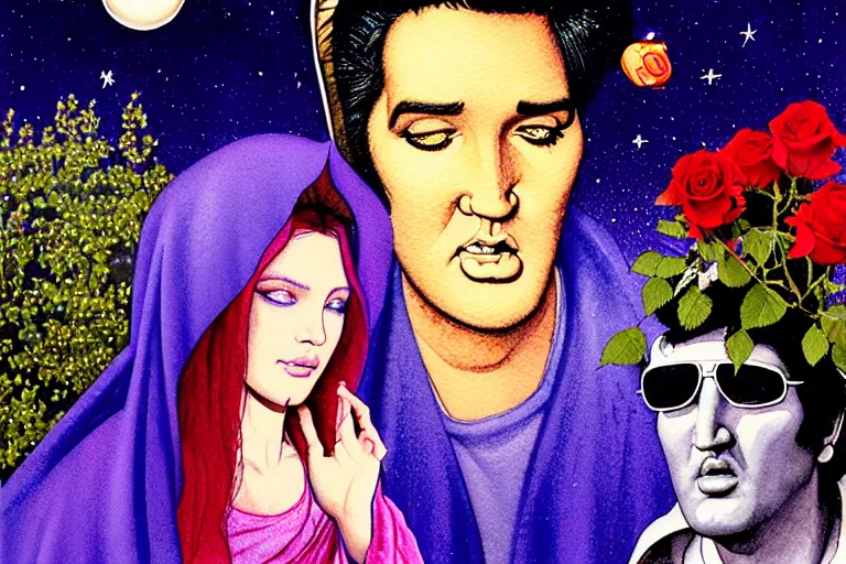 Image similar to a hyperrealist watercolour character concept art portrait of the virgin mary and elvis on well lit night in las vegas, nevada. there is a ufo. roses adorn. by rebecca guay, michael kaluta, charles vess and jean moebius giraud