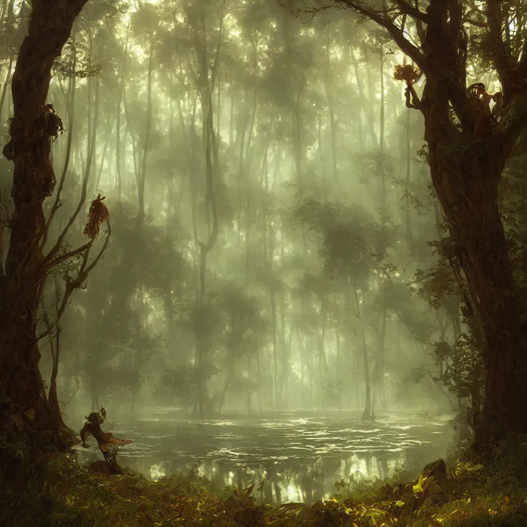 Image similar to fantasy forest with a lake nearby, cinematic lighting, magical, digital painting, artstation, cgsociety, Alphonse Mucha, Greg Rutkowski