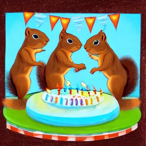 Image similar to three squirrel s having a cool birthday party, highly detailed