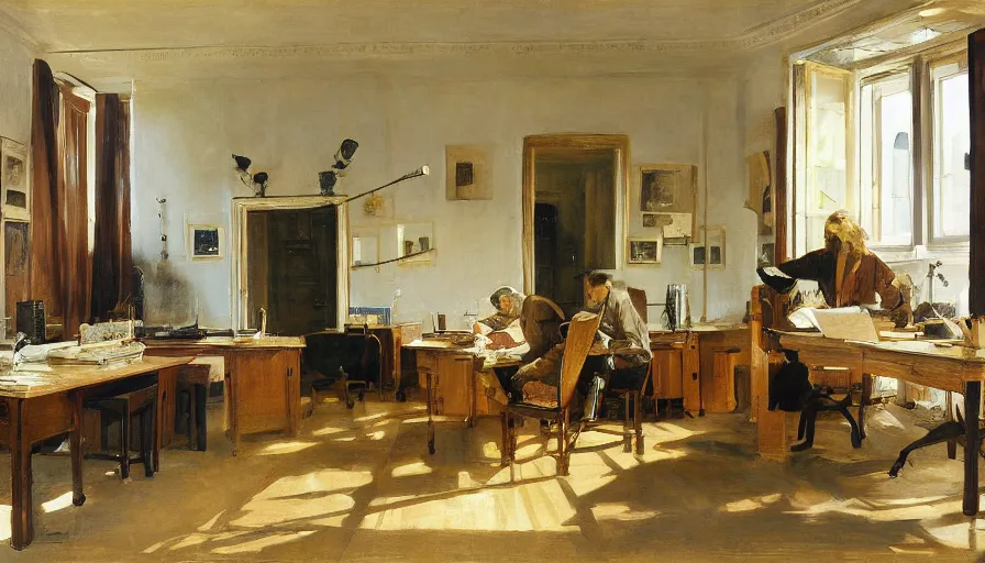 Prompt: painting of work table at a 20 century office, by Peder Krøyer, dramatic lighting, volumetric lighting, golden hour, epic, intricate detail, canvas print