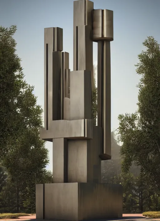 Image similar to highly detailed realistic architecture 3 d render of a metallic stele monument in frank lloyd wright style standing on a side of a highway, archdaily, made in unreal engine 4 octane render