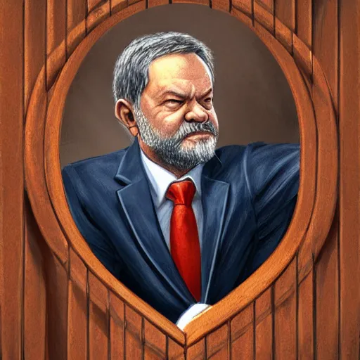 Prompt: presidente lula, luiz inacio lula da silva, behind bars in jail. intricate, elegant, highly detailed, digital painting, artstation, concept art, sharp focus, illustration, by justin gerard and artgerm, 8 k