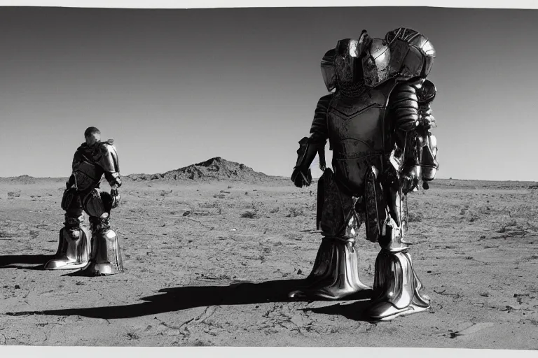 Image similar to photograph of a man in a very oversized mech armor that is 3 0 feet tall and 1 0 feet wide. his head is very small sticking out of the armor. desert setting. high detail.