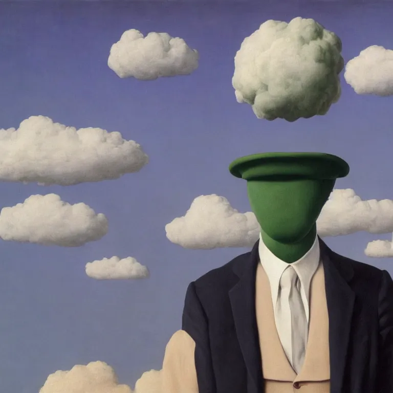 Prompt: portrait of a man whos head is hidden of clouds, by rene magritte, detailed painting, hd, hq, high resolution, high detail, 4 k, 8 k