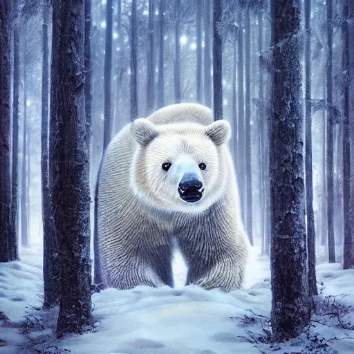 Image similar to A portrait of a white bear in a snowy forest, intricate abstract. intricate artwork. by Tooth Wu, wlop, beeple, dan mumford. octane render, trending on artstation, greg rutkowski very coherent symmetrical artwork. cinematic, hyper realism, high detail, octane render, 8k, iridescent accents