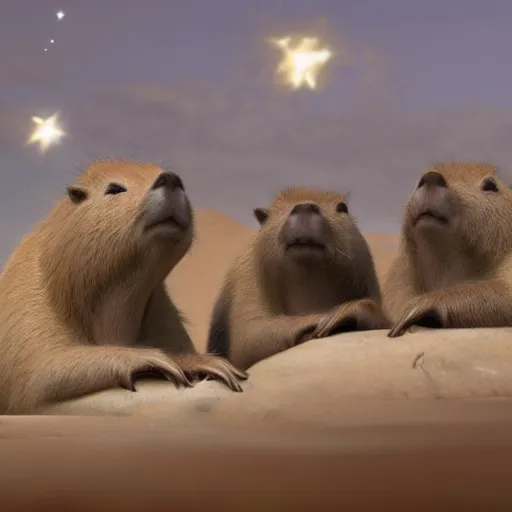 Image similar to a squad of capybara astronauts on a swamp planet