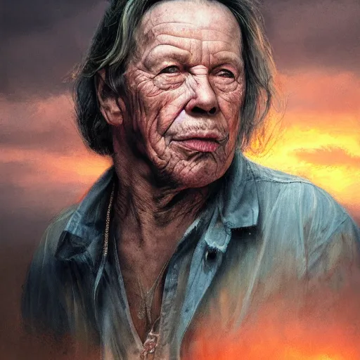 Image similar to portrait of elderly mickey rourke, sunset, gorgeous view, depth, painted by seb mckinnon, high detail, digital art, painted by greg rutkowski, trending on artstation