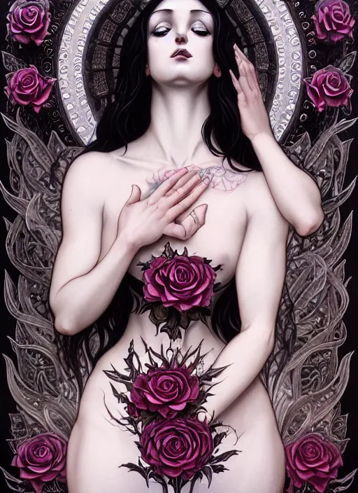 Image similar to perfectly detailed goth goddess of black rose flowers!! blessed by nature with ever - increasing physical mental perfection, symmetrical! intricate, sensual features, highly detailed, biblical divine holy perfection!! digital painting, artstation, concept art, smooth, sharp focus, illustration, art by artgerm and greg rutkowski and alphonse mucha