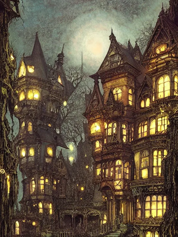 Image similar to Underground gothic victorian houses in a spooky underground cave metropolis victorian houses By thomas rowlandson, victo ngai, tatsuyuki tanaka, john atkinson grimshaw fantasy, worldbuilding, art nouveau, realistic, detailed 4k arstation