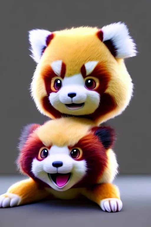 Prompt: high quality 3 d render hyperrealist very cute pastel fluffy red panda & koala hybrid stuffing mouth with ice cream, vray smooth, in the style of detective pikachu, very dramatic light, low angle, uhd 8 k, shallow depth or field