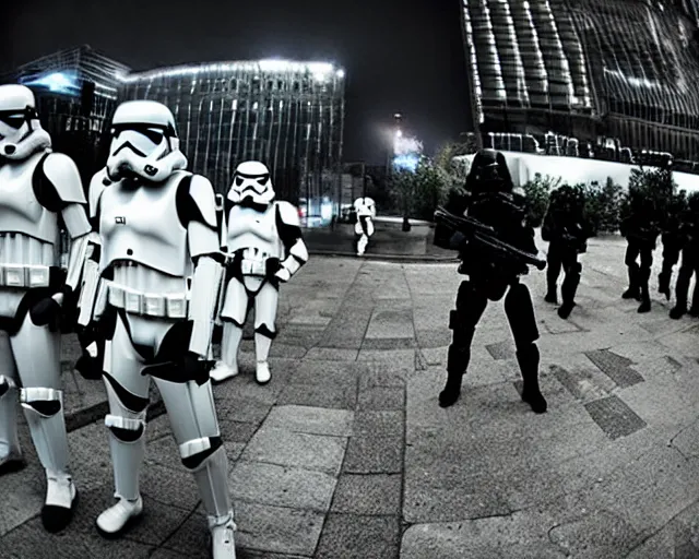 Prompt: cctv footage of stormtroopers executing a night raid in Moskow, grainy, fish eye lens, green monochrome, night vision, cdx