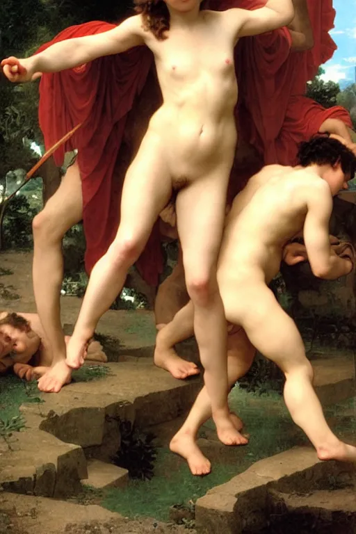 Image similar to battling Spartans against Cyclops in the style of  William Adolphe Bouguereau