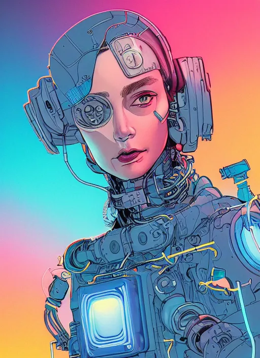 Image similar to portrait of a cyborg humanoid girl with mechanical and electronic element, denim jacket surrounded by neon light, illustrated by Michael Whelan and Laurie Greasley, highly detailed, trending on artstation