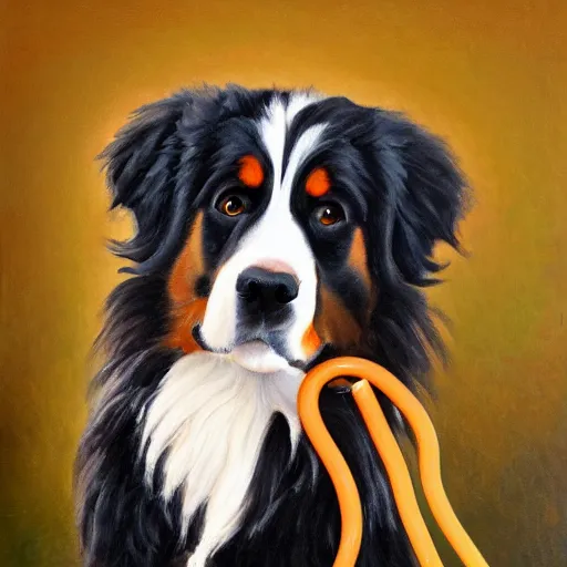 Prompt: an oil painting of a bernese mountain dog dressed in doctor's lab coat with a stethoscope around his neck, high quality