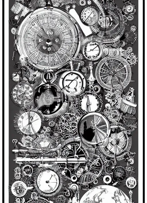 Image similar to black and white boho mystical scientific illustration of some mysterious and arcane steampunk items. composition, fine lines, very high details