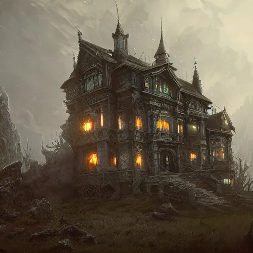 Prompt: detailed the huge haunted house on the edge of a hill , highly detailed, illustration, fantasy art, in the style of greg rutkowski, epic, fantasy, intricate, hyper detailed, artstation, concept art, smooth, sharp focus, ray tracing