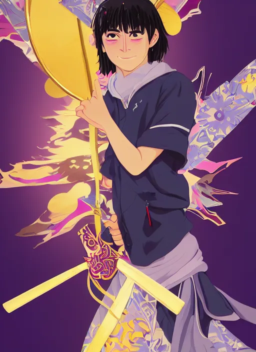 Image similar to teenager boy with straight indigo hair, purple eyes with red eye markers, slim body, wearing a detailed Japanese kimono with golden armpieces, holding a pair of fans. rich vivid colors, ambient lighting, dynamic lighting, 4k, official media, anime key visual, makoto shinkai, ilya kuvshinov, lois van baarle, rossdraws, detailed, trending on artstation