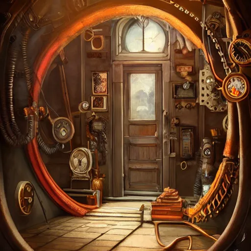 Prompt: steampunk home office overseeing a magical portal, very detailed painting, hyperrealism, trending on artstation