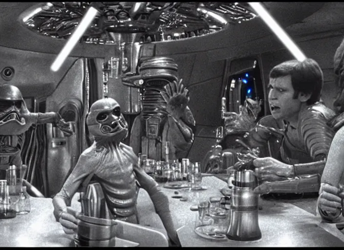 Prompt: still of some aliens having a drink in the Cantina in Star Wars (1977).