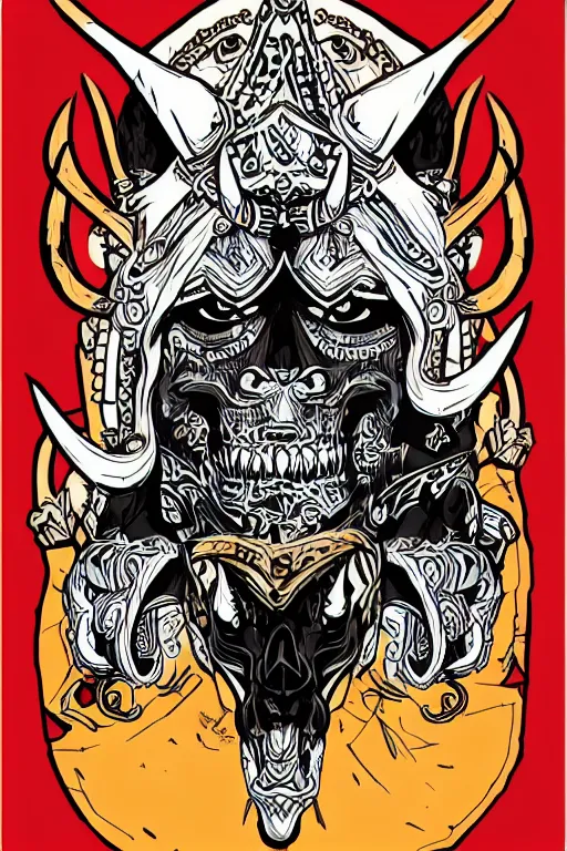 Image similar to A portrait of a bull as evil warlord general on skull throne, sticker, Anthropomorphized, portrait, highly detailed, colorful, illustration, smooth and clean vector curves, no jagged lines, vector art, smooth