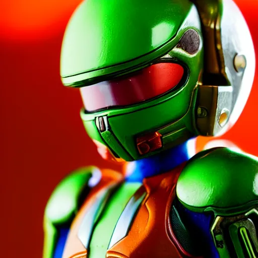 Image similar to helmet portrait of a figurine of samus aran's varia suit from the sci - fi nintendo videogame metroid. red round helmet, orange shoulder pads, green visor. shallow depth of field. suit of armor.