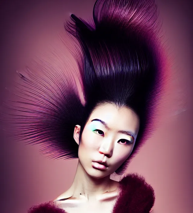Prompt: photography portrait of stunning japanese woman with great hair style, wearing ae stunning sophisticated coat created by * iris van herpen *, with a colorfull makeup, half in shadow, natural pose, natural lighing, highly detailed, skin grain detail, photography by * paolo roversi *, lighting by * helmut newton *