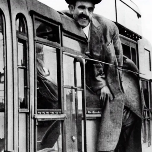 Prompt: gaudi stopping a tram with one hand while smiling