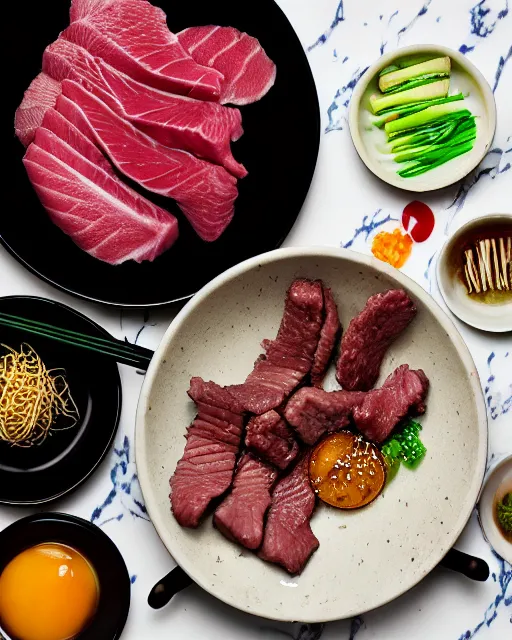 Image similar to realistic photo of delicious yakiniku, bowl, soja, white kitchen table, cloth, marble, highly detailed, by louise lister, sara ali, mary devinat, kailee mandel, masterpiece, award winning, food photography