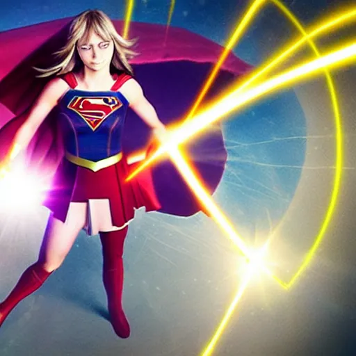 Image similar to anime visual of supergirl, shooting laser from its eyes, official media
