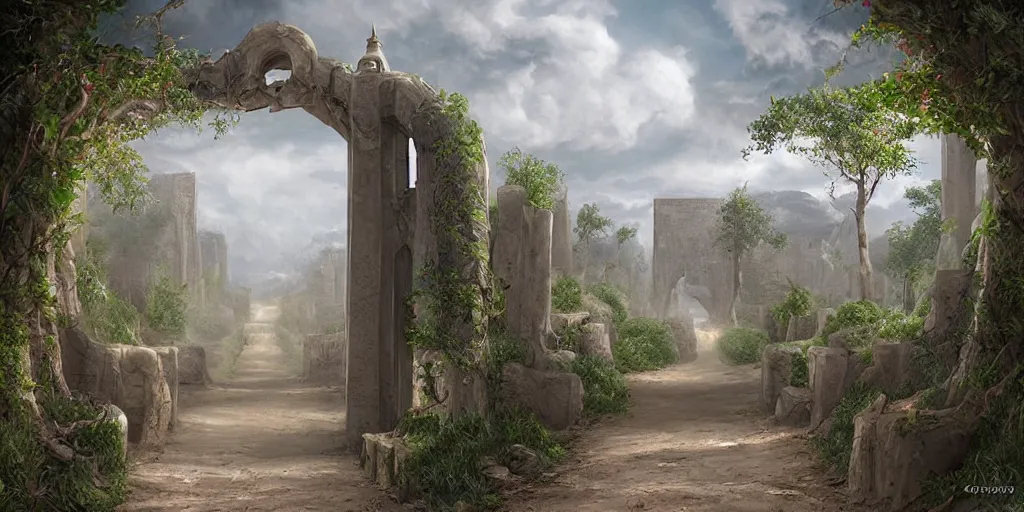 Image similar to beautiful matte painting of entrance to maze