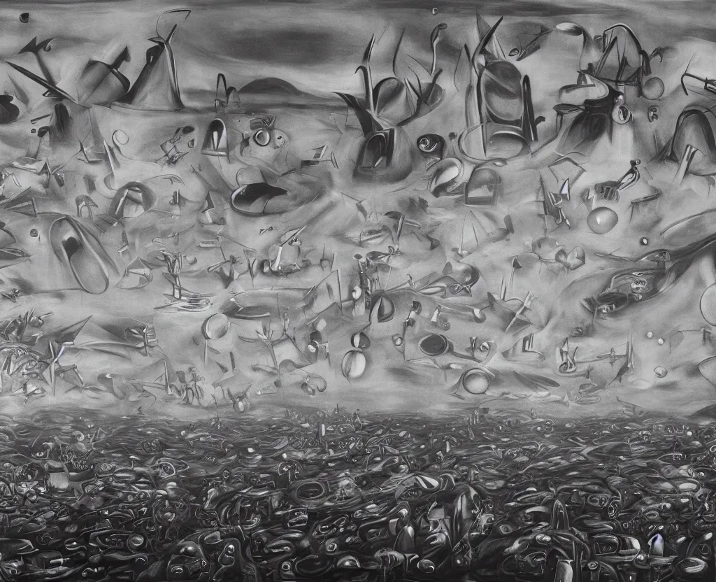 Image similar to artificial black hole wasteland. a large full room art installment by Yves Tanguy, realistic