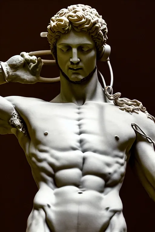 Prompt: a photo of michelangelo's sculpture of david wearing headphones djing, hyper realistic, ambient lighting, concept art, intricate, hyper detailed, smooth, dynamic volumetric lighting, octane, cinematic, high quality, high resolution, 4 k