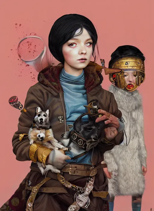 Prompt: beautiful portrait painting of a cute viking lofi cyberpunk princess and her corgi assassin king, by Afarin Sajedi, Alessandro Barbucci, Alex Gross, Shin Jeongho, Shohei Otomo. trending on Artstation, 8k, masterpiece, face enhance, graffiti paint, fine detail, full of color, intricate detail, golden ratio illustration