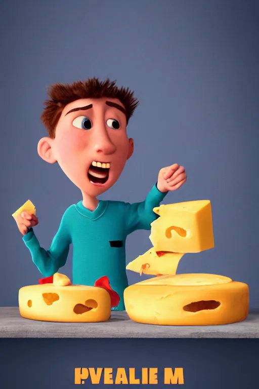 Image similar to Poster for a movie about a boy that loves to eat cheese. pixar style, 3d animation, render, zigor samaniego style